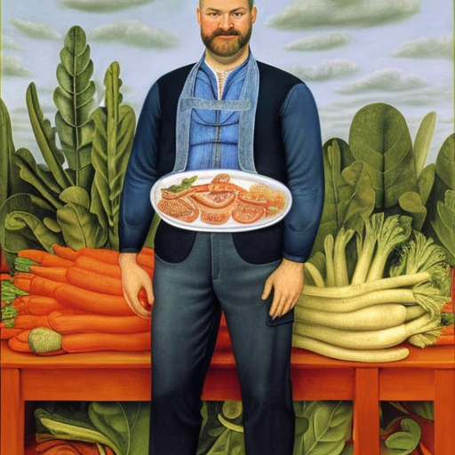 Painting of Plutor holding a large plate of vegetables, by Frida Kahlo